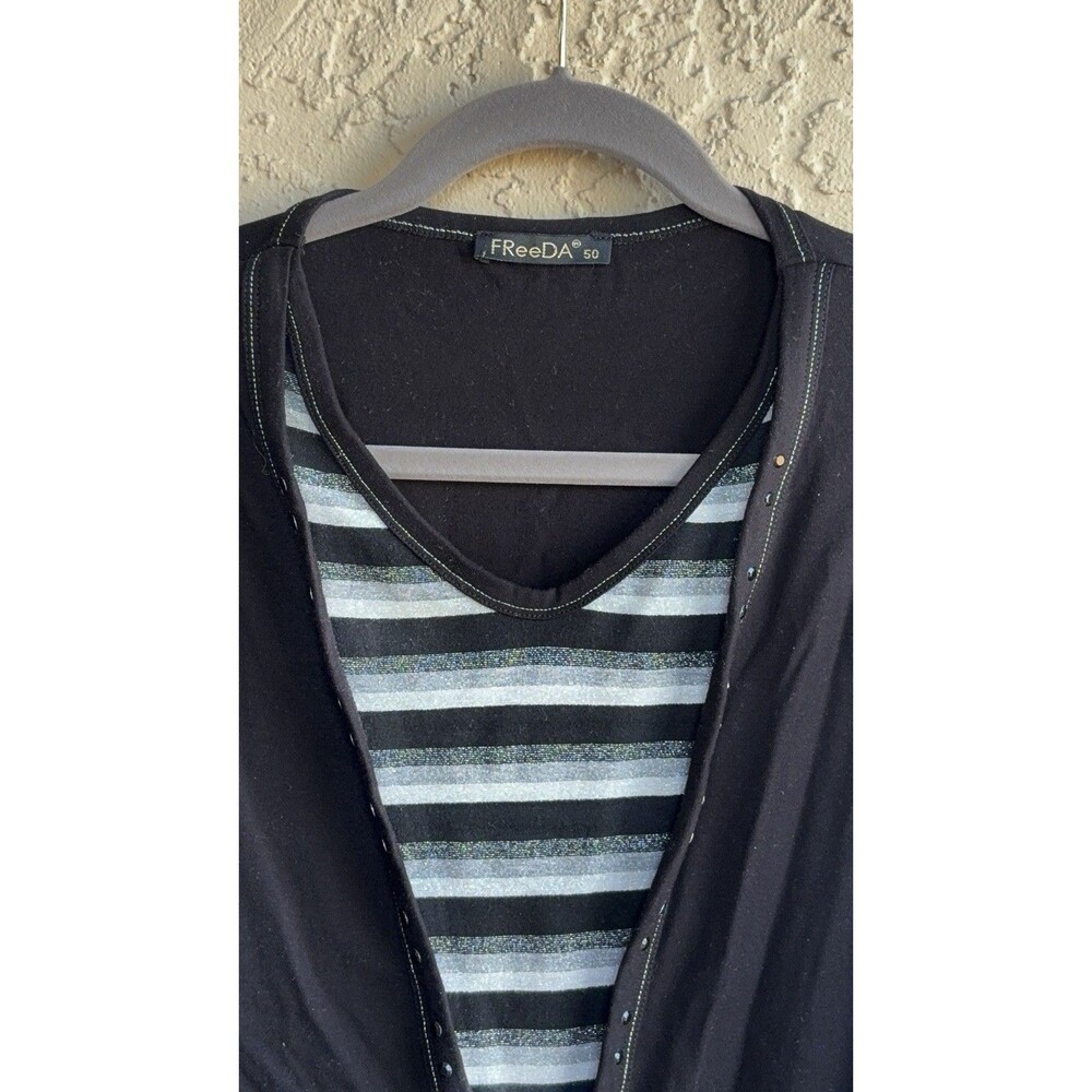 FreeDa Black & White Silver Sparkle Striped Whimsygoth Womans Large Shirt Charms - Picture 8 of 9